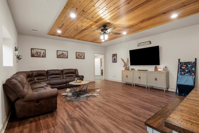 living area featuring wooden ceiling, wood finished floors, visible vents, and recessed lighting