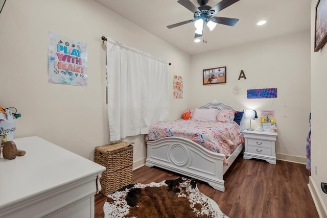 bedroom with ceiling fan, baseboards, wood finished floors, and recessed lighting