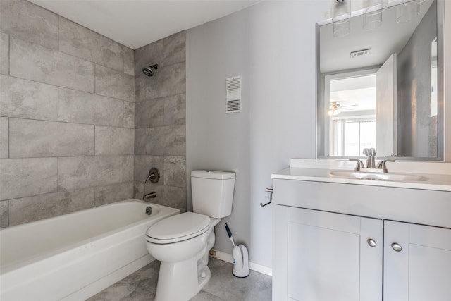 bathroom with toilet, shower / bath combination, visible vents, vanity, and baseboards