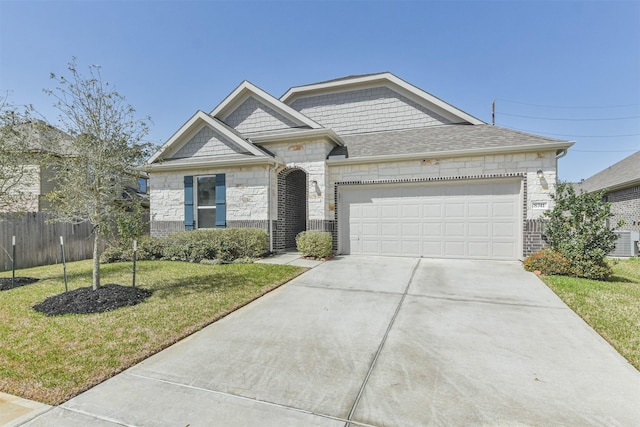 view of front facade featuring fence, a garage, stone siding, driveway, and a front lawn