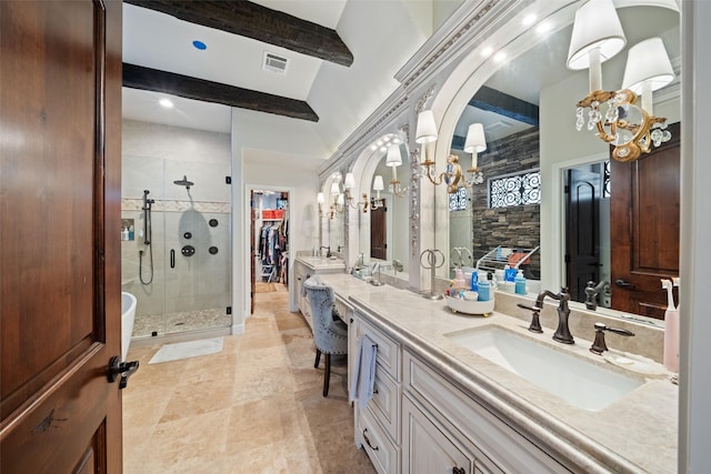 bathroom with visible vents, beamed ceiling, a shower stall, and vanity