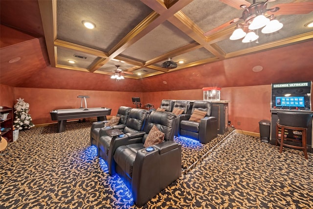 carpeted cinema room with visible vents, ceiling fan, coffered ceiling, beamed ceiling, and baseboards