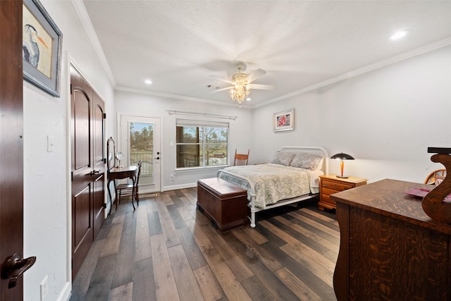 bedroom with ceiling fan, baseboards, access to outside, ornamental molding, and dark wood finished floors