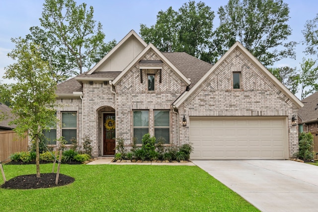 view of front of house featuring roof with shingles, a front lawn, and brick siding