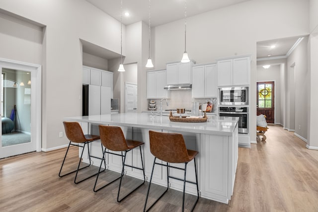 kitchen with tasteful backsplash, a high ceiling, stainless steel appliances, light wood-type flooring, and under cabinet range hood