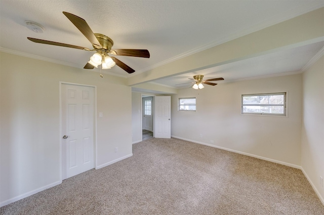 carpeted spare room featuring baseboards and ornamental molding