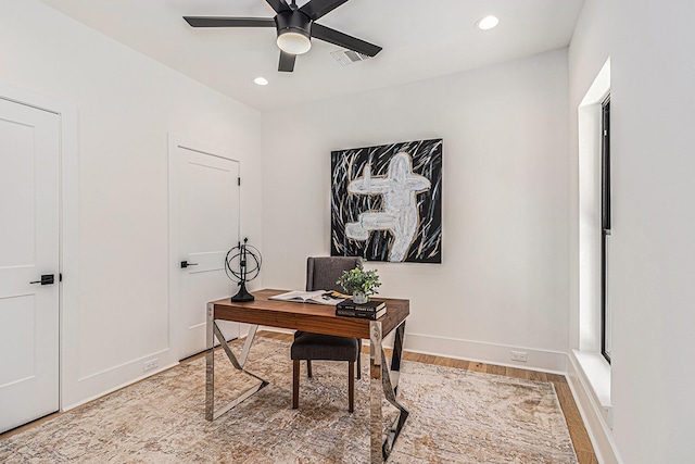 office featuring ceiling fan, wood finished floors, visible vents, and recessed lighting