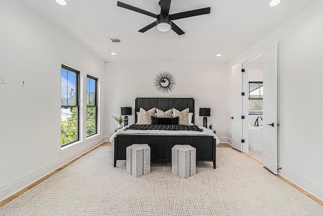 bedroom featuring recessed lighting, wood finished floors, a ceiling fan, baseboards, and visible vents