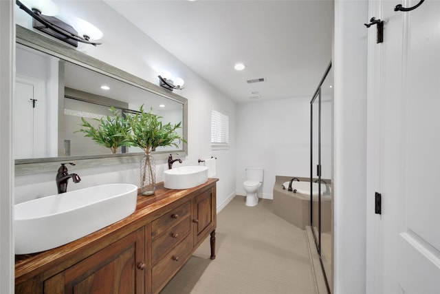 full bathroom with a sink, visible vents, double vanity, and a shower stall