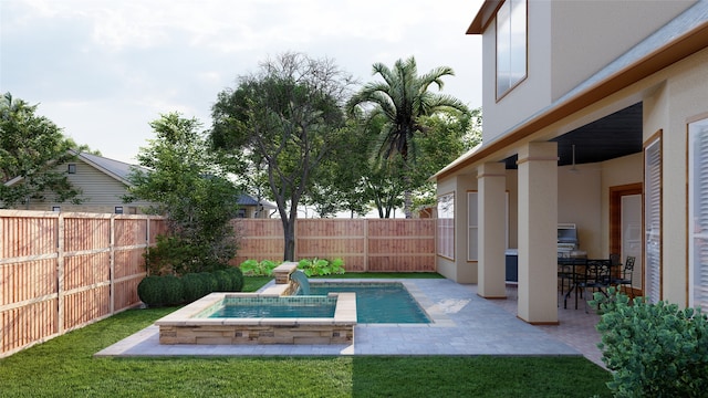 view of yard featuring a patio, a fenced backyard, and a fenced in pool