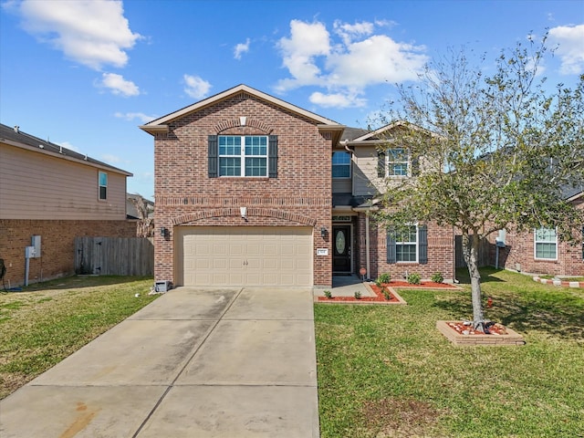 traditional-style house featuring concrete driveway, brick siding, a front yard, and fence