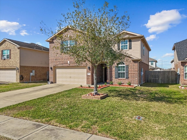 traditional home featuring brick siding, concrete driveway, an attached garage, a front yard, and fence