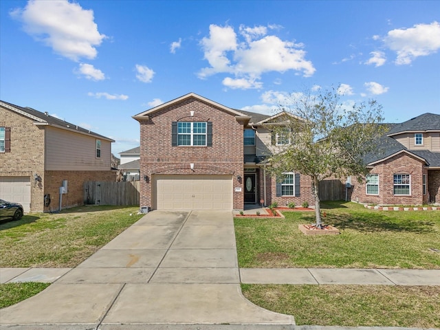 traditional home featuring brick siding, fence, driveway, and a front lawn