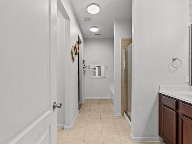 bathroom with visible vents, a stall shower, tile patterned flooring, and vanity