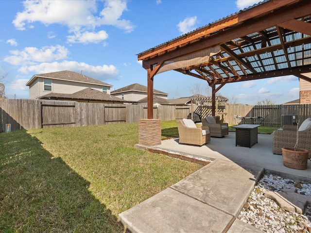 view of yard featuring cooling unit, a patio area, a fenced backyard, and a pergola