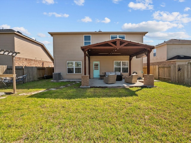 back of house featuring a patio area, a yard, an outdoor living space, and central air condition unit