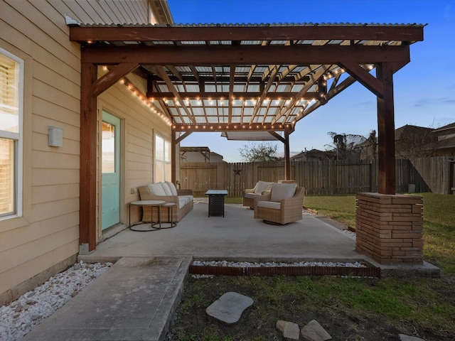 view of patio / terrace featuring outdoor lounge area, a fenced backyard, and a pergola