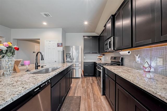 kitchen with tasteful backsplash, visible vents, stainless steel appliances, light wood-style floors, and a sink