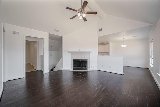 unfurnished living room featuring visible vents, dark wood finished floors, and beamed ceiling