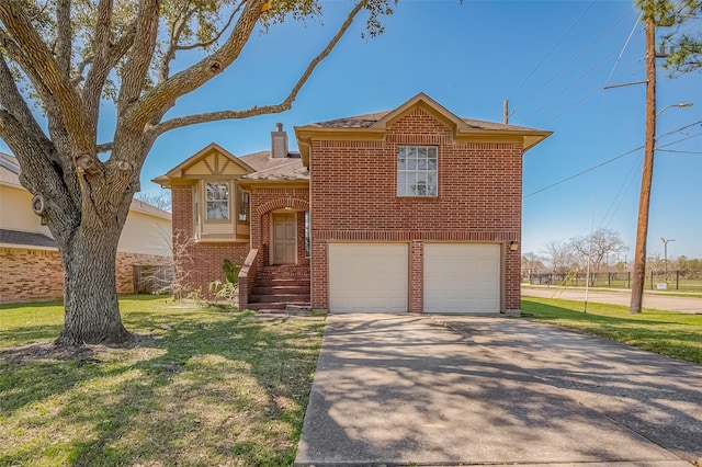 view of front of house featuring driveway, an attached garage, a front yard, and brick siding