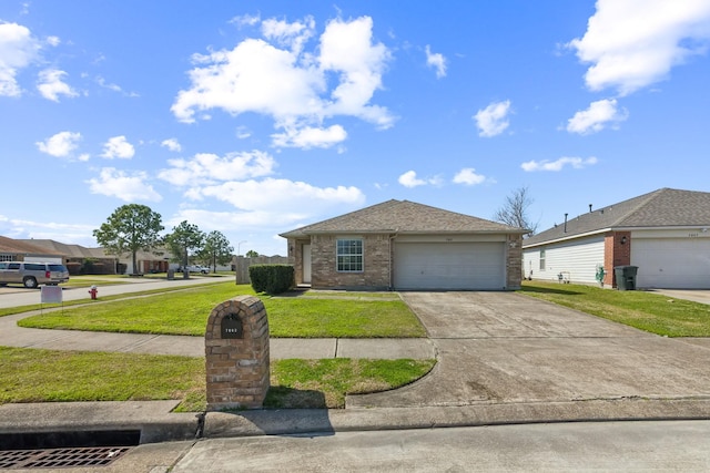 view of front facade with brick siding, roof with shingles, concrete driveway, a front yard, and a garage