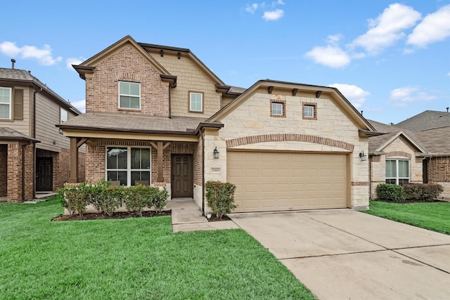 craftsman house with a garage, brick siding, concrete driveway, stone siding, and a front yard