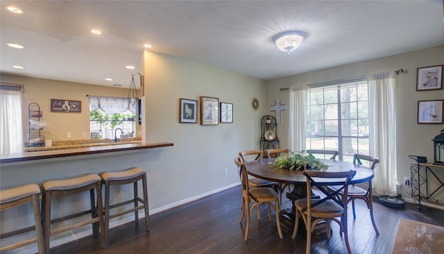 dining area featuring recessed lighting, dark wood finished floors, and baseboards