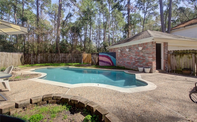 view of pool with a fenced in pool, a fenced backyard, and a patio