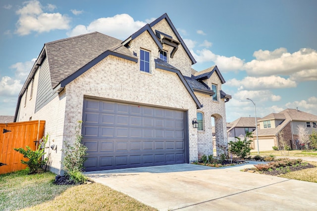 french provincial home featuring a garage, brick siding, a shingled roof, fence, and driveway