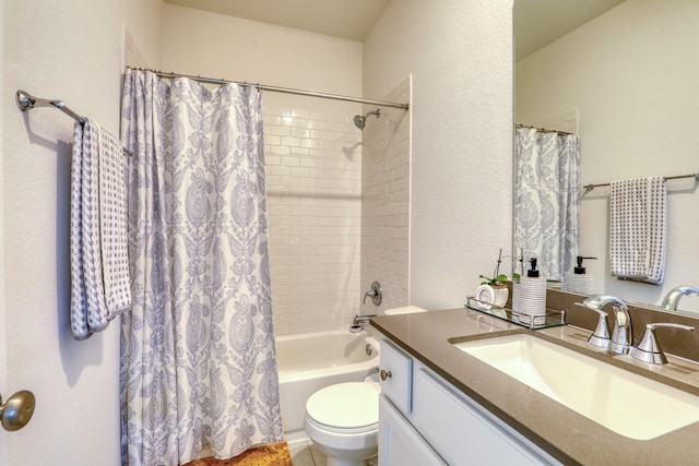 full bath featuring toilet, shower / bath combo, and vanity