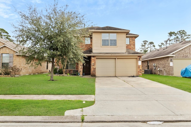 view of front facade featuring concrete driveway, an attached garage, central air condition unit, a front lawn, and brick siding