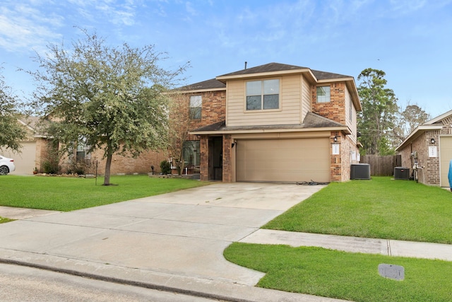 view of front of home featuring concrete driveway, brick siding, a front lawn, and central AC unit