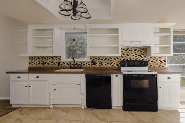 kitchen with black dishwasher, electric stove, open shelves, a sink, and under cabinet range hood