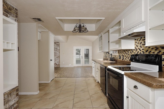 kitchen with under cabinet range hood, visible vents, black dishwasher, electric range oven, and open shelves