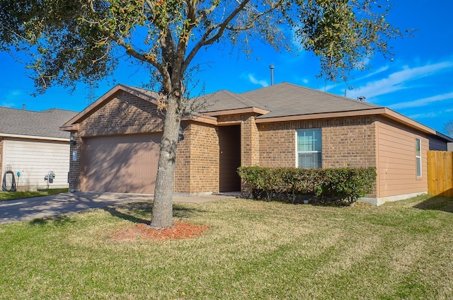 26810 Blacktail Ct, Hockley, TX 77447 - ranch-style home with brick siding, a front lawn, concrete driveway, and a garage