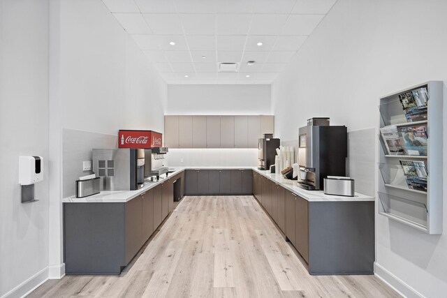 kitchen with gray cabinetry, light countertops, light wood-type flooring, freestanding refrigerator, and modern cabinets