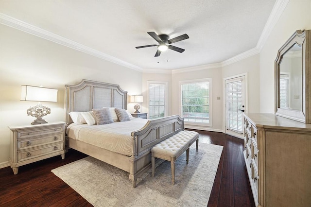 bedroom featuring access to exterior, ornamental molding, and dark wood-style flooring