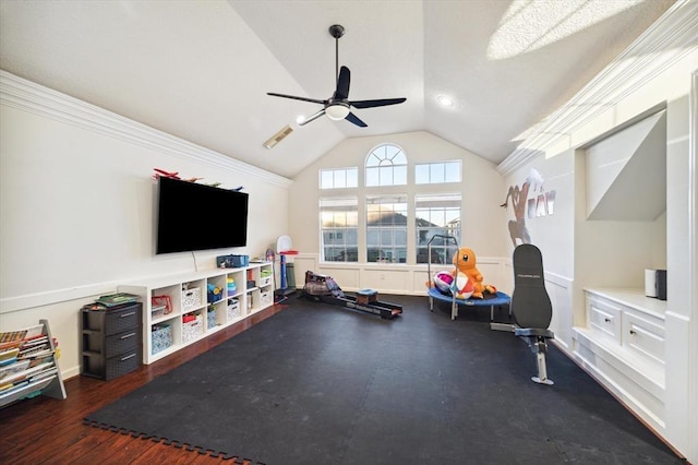 exercise room with lofted ceiling and a ceiling fan