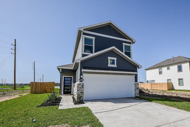 view of front facade featuring board and batten siding, concrete driveway, fence, and an attached garage