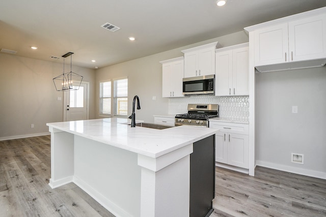 kitchen featuring a sink, visible vents, white cabinets, appliances with stainless steel finishes, and tasteful backsplash