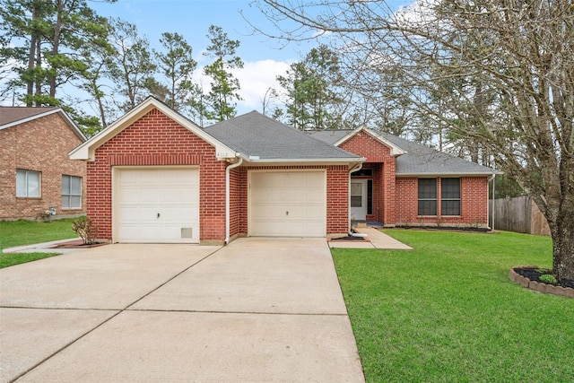 single story home with a garage, fence, concrete driveway, roof with shingles, and a front yard