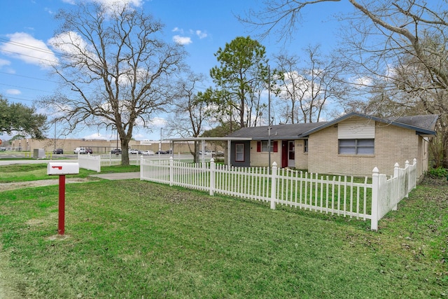 ranch-style house with brick siding, a front lawn, and a fenced front yard