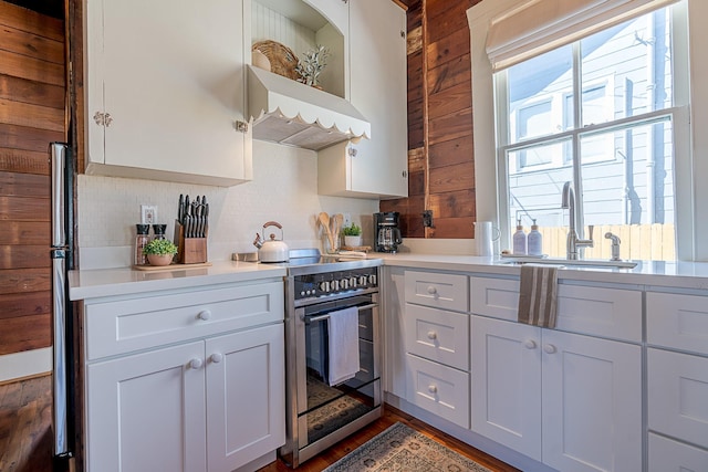 kitchen with light countertops, stainless steel electric range oven, a sink, and exhaust hood