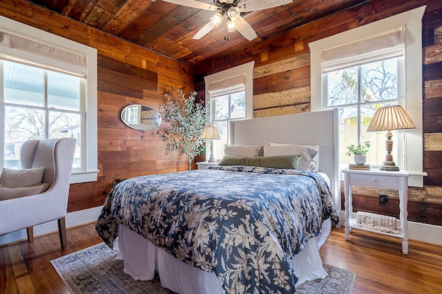 bedroom with wood-type flooring, wooden ceiling, and wood walls