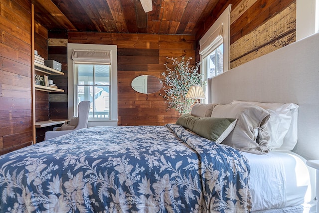 bedroom with wooden ceiling and wooden walls