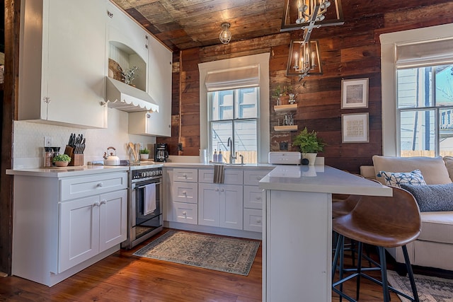 kitchen featuring open shelves, wood walls, light countertops, and high end range