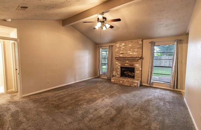 unfurnished living room with vaulted ceiling with beams, carpet floors, a textured ceiling, and visible vents