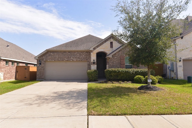 french country inspired facade featuring a garage, brick siding, a shingled roof, concrete driveway, and a front yard