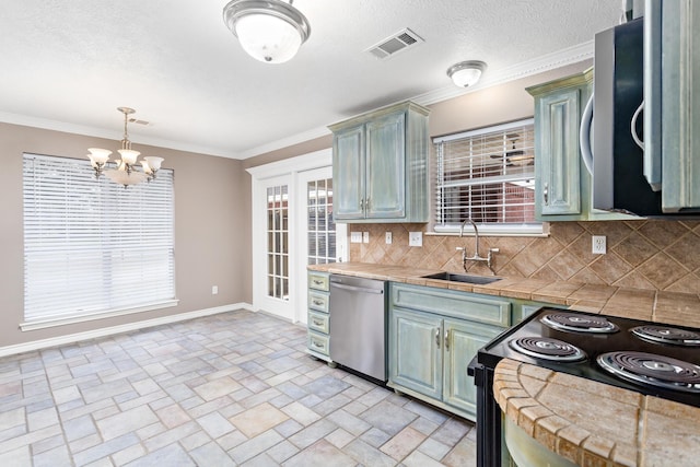 kitchen with visible vents, backsplash, a sink, black range with electric cooktop, and dishwasher