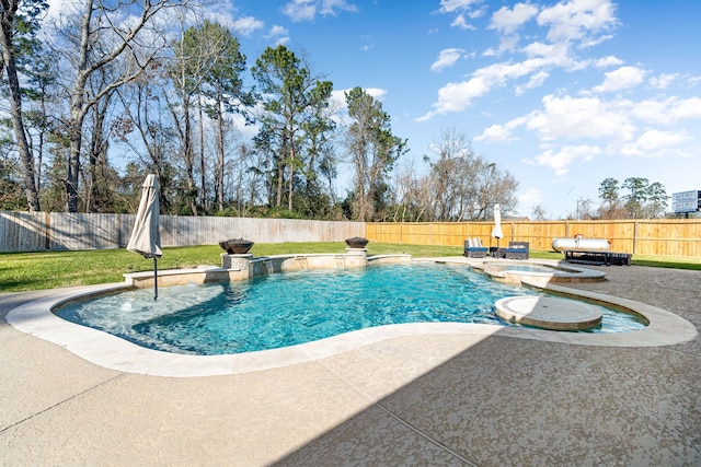 view of swimming pool with a fenced backyard, a lawn, a fenced in pool, and a patio